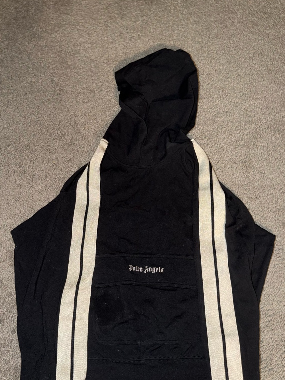 Palm Angels Black Hoodie with Cream Racing Stripes